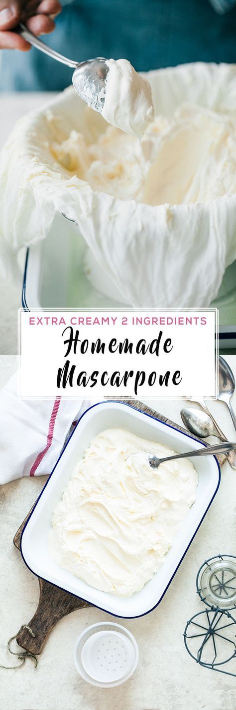 Fresh, homemade mascarpone, made in 10 minutes with only 2 ingredients. Extra creamy, delicious and can be stored for up to a week in a fridge. Cheesey Recipes, Homemade Mascarpone, Creative Cookery, Homemade Cheeses, Marscapone Cheese, Cheese Making Recipes, Italian Stallion, Diy Cheese, Making Butter