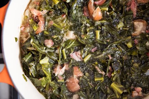 Braised Collard Greens With Ham Hocks Recipe Collard Greens Recipe Ham Hock, Ham Hock Recipes, Southern Style Collard Greens, Southern Collard Greens, Smoked Pork Loin, Collard Greens Recipe, Homemade Chicken Stock, Ham Hock, Turnip Greens