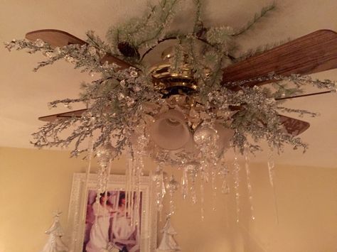 My Mother In Laws shabby chic make do ceiling fan chandelier. Christmas 2015. Chic Ceiling Fans, Hanging Ornaments From Ceiling, Chic Ceiling Fan, Chandelier Christmas, Christmas Ceiling Decorations, Fan Chandelier, Christmas Farm, Make Do, Christmas Tablescapes