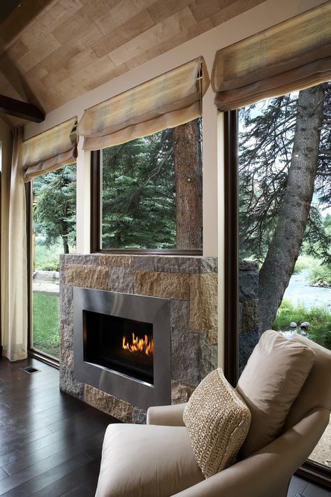 Fireplace With Glass Doors On Each Side, Window Over Fireplace, Fireplace Under Window, Unique Fireplace Ideas, Unique Fireplaces, Modern Winter Decor, Wall Fireplaces, Contemporary Fireplaces, Beautiful Fireplaces