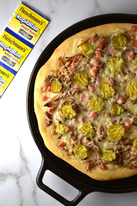 Cuban Sandwich Pizza | Delish D'Lites #homemadepizzacrust #homemadepizza #collectivebias #ad @FleischmannsYeast Cuban Pizza, Homemade Pizza Crust, New Orleans Recipes, Latin Recipes, Hot Cheese, Carnitas Recipe, Cuban Sandwich, Kneading Dough, Pizza Pizza