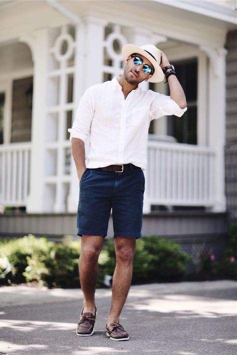 a white long sleeve cuffed shirt, navy shorts, brown shoes and a hat for vacation Mens Beach Wedding Attire, Wedding Guest Men, Dress Blue Long, Sebago Docksides, Summer Wedding Attire, Beach Wedding Attire, Mens Summer Outfits, Wedding Outfit Men, Mens Casual Outfits Summer