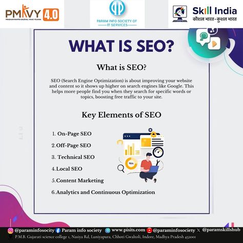 What is SEO? SEO (Search Engine Optimization) is the art of making websites shine online! It's about boosting visibility, driving organic traffic, and mastering the strategies that make your content rank higher on search engines. 🚀✨ Want to learn SEO for FREE? Join the Param Info Society's Free Skill Course and kickstart your career in the exciting world of SEO. No registration fee No class fee No exam fee Get an SEO Certificate upon course completion Don’t miss this opportunity to ... Seo Search Engine Optimization, What Is Seo, Learn Seo, On Page Seo, Search Engines, Local Seo, Blog Content, Search Engine Optimization Seo, Search Engine Optimization