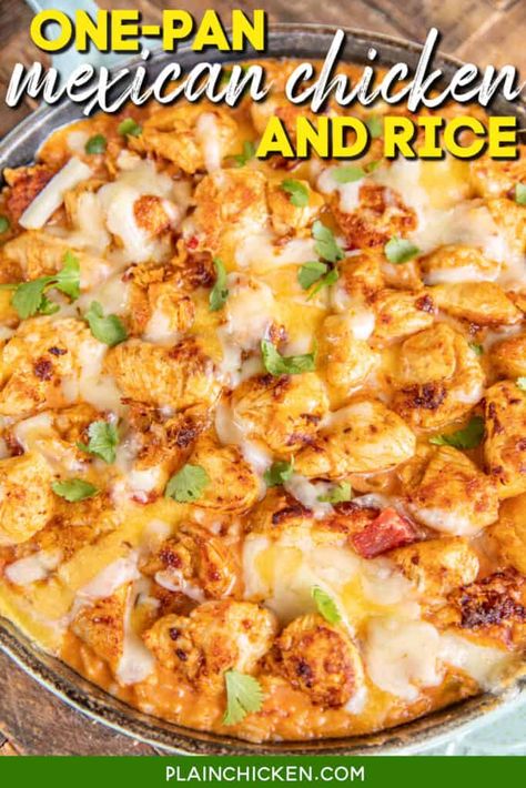 Spanish Rice Dishes With Chicken, One Pot Mexican Rice Casserole Chicken, Chicken With Spanish Rice Recipes, One Pan Mexican Chicken And Rice, Quick Mexican Chicken Recipes, Cheesy Chicken Mexican Rice, Mexican Chicken Rice Recipes, Mexican Rice Casserole Chicken, Queso Chicken And Rice Casserole