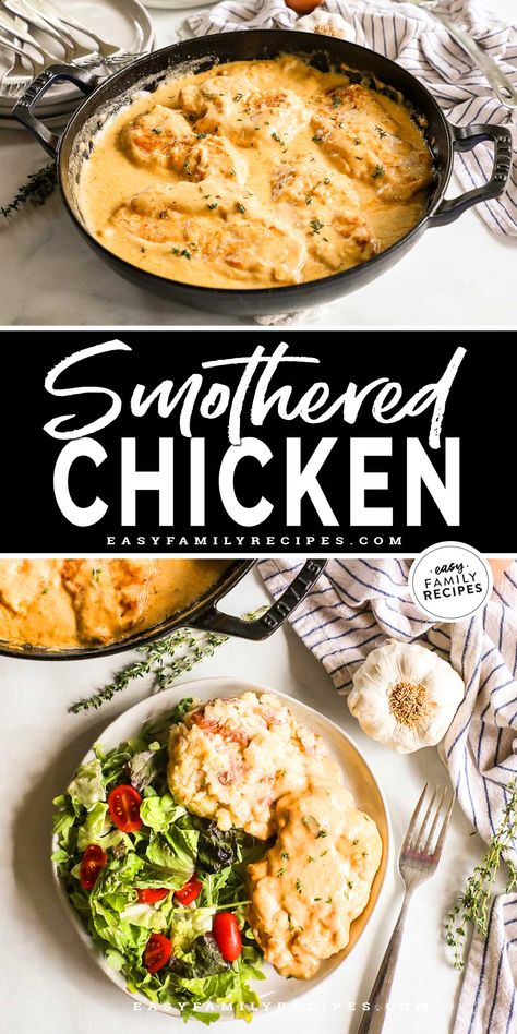 Smothered Chicken Breasts with Gravy is a cozy and EASY dish that brings comfort to any table! Juicy pan-friend chicken is nestled in a pan of rich, savory gravy for a kid-friendly weeknight dinner done in under 30 minutes. A Southern-style chicken recipe the whole family will love! Smothered Chicken Breast, Asian Steak Bites, Sausage Gravy Recipe, Smothered Chicken, Chicken Breast Recipe, Southern Food, Chicken Main Dishes, Chicken And Waffles, Breast Recipe