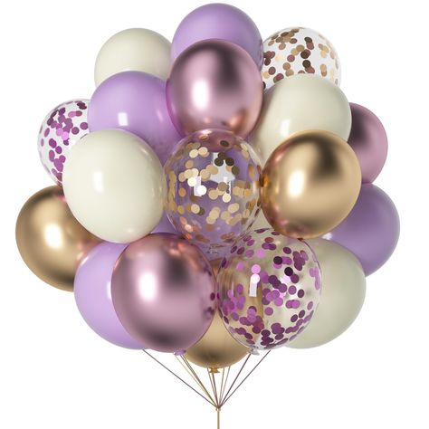 PRICES MAY VARY. ღ【Safe To Use】: The purple gold confetti balloons party decorations are made from natural latex material, with high quality, non-toxic, non-odor and safe for kids.The balloons are thick enough so it would not easy to explode. ღ【Valuable Combination】: The purple gold and white balloon arch kit includes 15 pastel purple balloons, 15 ivory balloons, 10 metallic Lavender balloons, 10 champagne balloons, 5 purple confetti balloons and 5 gold confetti balloons, 1 roll of light purple Gold And White Balloon Arch, Purple And Gold Balloons, White Balloons Party, Purple Gold Birthday, White Balloon Arch, Lavender Balloons, Balloons White, Adult Birthday Party Ideas, Champagne Balloons