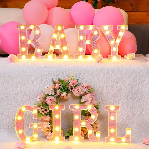 PRICES MAY VARY. Baby Shower Decoration: you will receive 8 pieces of LED letter lights for baby shower in pink, designed in [BABY GIRL] shape, which can easily meet your baby shower decoration needs, gleaming and charming Convenient for Use: this led marquee letter lights are convenient to use, which are powered by 2 AA batteries (not included in the package); Besides, there are hooks design in the back, allowing you place them on the table or hung them on the wall Size Information: our light u Baby Shower Gold Pink White, Pink Peach And Gold Baby Shower, Pink Gold Baby Shower Theme, Pink Glitter Baby Shower, Pink Purple And Yellow Baby Shower, Baby Shower At Home Tables, So Little So Loved Baby Shower, Pink Glitter Baby Shower Theme, Pink Theme Baby Party