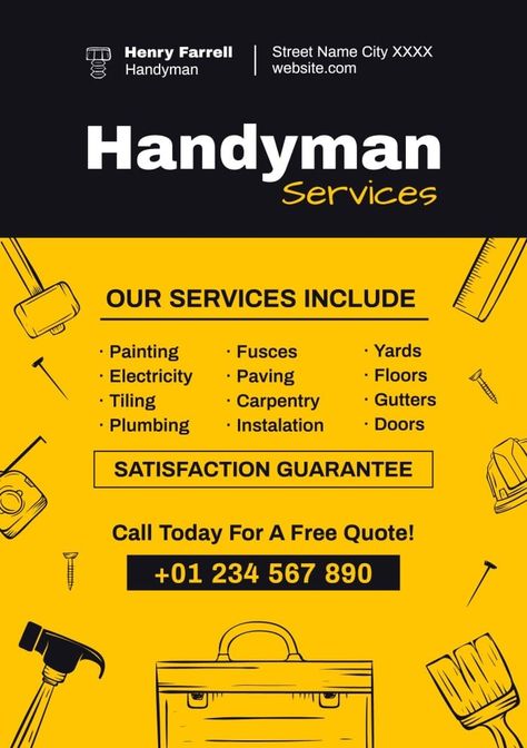 Doodle Monocolor Henry Farrell Handyman Flyer Handyman Services Flyer, Handyman Quotes, Handyman Flyer, General Contractor Business, Handyman Logo, Handyman Business, Unique Business Names, Make A Flyer, Property Maintenance