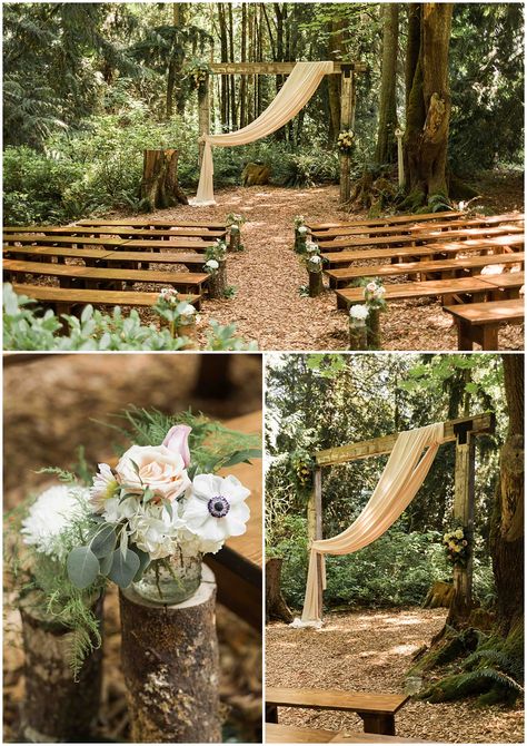 Tara & Daniel's Twin Willow Gardens Wedding - Pink Blossom Events Woodland Wedding Ceremony Decor, Ampitheater Wedding Ceremony, Wood Benches For Wedding, Wedding In The Trees, Wedding Ceremony In The Woods, Twin Willow Gardens Wedding, Minimalist Forest Wedding, Willow Tree Wedding Ceremony, Wedding Benches