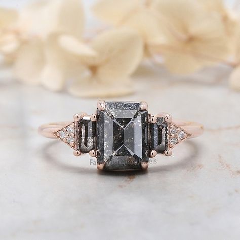 Salt And Pepper Diamond Ring, Grey Diamond Ring, Emerald Ring Engagement Diamond, Engagement Ring Emerald, Pepper Diamond Ring, Emerald Cut Diamond Engagement Ring, Emerald Wedding Rings, Emerald Cut Diamond Ring, Engagement Ring Inspiration