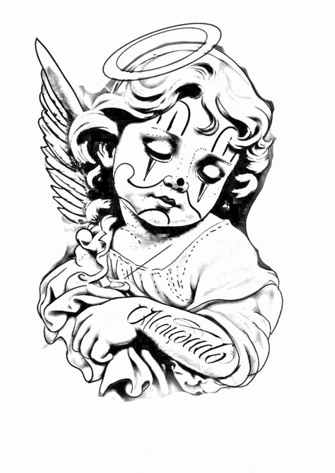 Arm Sleves Tattoo Drawing, Tattoos Shoulder Mens, Simple Realism Tattoo, Chrome Hearts Drawing, Angel Praying Tattoo, Tattoos Stencils Outline, Angle Tattoo For Men, Angel Hand Tattoo, Cholo Art Chicano Drawings