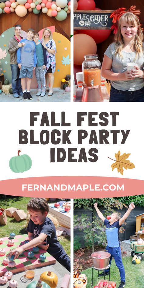 Create connection in your community by throwing a fun Fall Fest Block Party with these ideas for activities, decor, food and drink, and more from fernandmaple.com! Fall Block Party Games, Fall Festival Block Party, Fall Fest Activities For Adults, Block Party Halloween Ideas, Neighborhood Fall Festival, Fall Harvest Party Activities, Neighborhood Thanksgiving Party, Holiday Block Party Ideas, Small Town Fall Festival Ideas