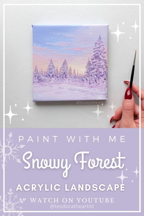 Painting Ideas Mini Canvas, Acrylic Painting Winter, Forest Acrylic Painting, Christmas Painting Ideas, Paint With Me, Acrylic Art Projects, Painting Winter, Winter Landscape Painting, Canvas Art Projects