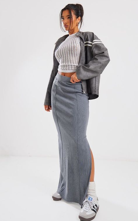 Charcoal Ribbed Pocket Back Detail Maxi Skirt Gray Skirt Outfit, 2025 Aesthetic, Long Grey Skirt, Grey Maxi Skirts, Grey Skirt, Color Palette Bright, Modest Swimwear, Swimsuit Design, Skirt Outfit