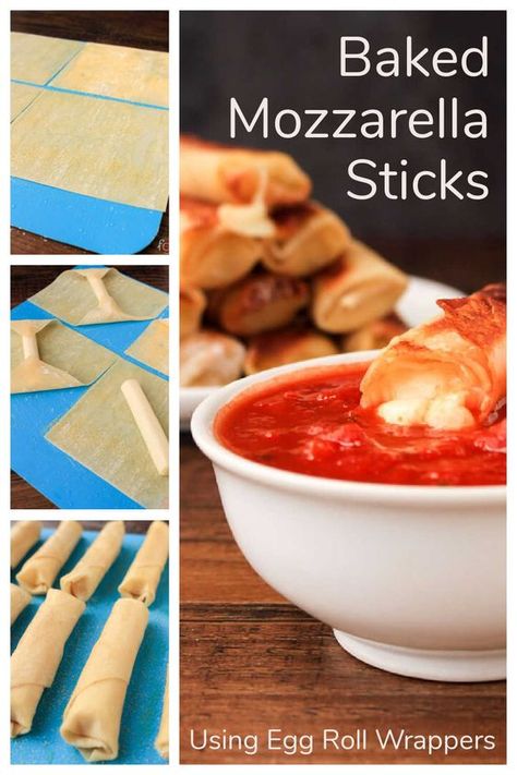 How to Make Baked Mozzarella Sticks in 20 Minutes Wonton Mozzarella Sticks, Wrapper Recipes, Baked Mozzarella Sticks, Baked Mozzarella, Wonton Wrapper Recipes, Mozzarella Sticks Recipe, Vegetarian Treats, Mozzarella Cheese Sticks, Wonton Recipes