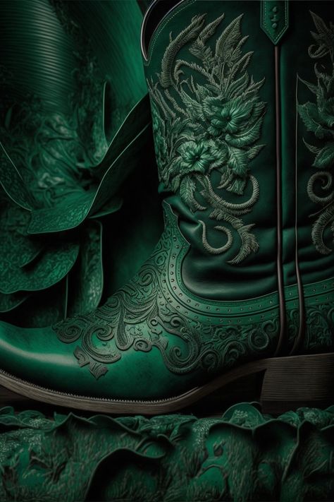 Green Cowboy Aesthetic, Forest Green Western Wedding, Emerald Green Cowboy Boots, Dark Green Cowboy Boots, Western Wedding Boots, Green Metallic Cowboy Boots, Womens Cowgirl Boots Green, Luxury Green Leather Cowboy Boots, Turquoise Leather Boots For Western-themed Events