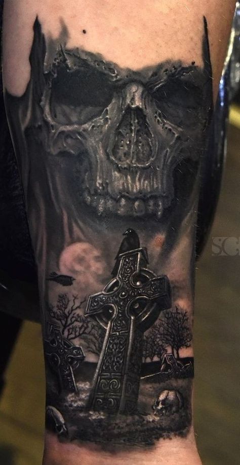 Tattoo Calf, Graveyard Tattoo, Revival Tattoo, Salvation Tattoo, Evil Skull Tattoo, Skull Sleeve Tattoos, Skeleton Tattoos, Tatuaje A Color, Celtic Tattoos