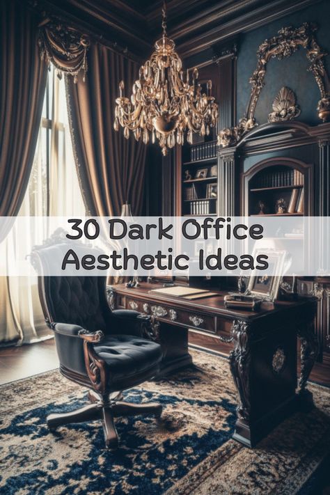 An ornate dark Victorian study showcasing dark academia aesthetic with elegant wood details, rich decor, and a luxurious atmosphere, offering moody office inspiration for modern home offices and dark office aesthetic enthusiasts. Victorian Academia Aesthetic, Old Money Office Aesthetic, Gothic Office Ideas, Dark Desk Aesthetic, Dark Office Decor, Dark Feminine Office, Home Office Ideas Dark, Luxury Office Ideas, Office Ideas Dark