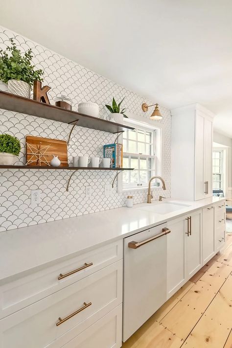 Scale Tile Backsplash, Bronze Hardware Kitchen, Brushed Bronze Kitchen, Fish Scale Tile Backsplash, White Fish Scale Tile, Brushed Bronze Hardware, Scale Tile, Green Kitchen Island, Open Kitchen And Living Room