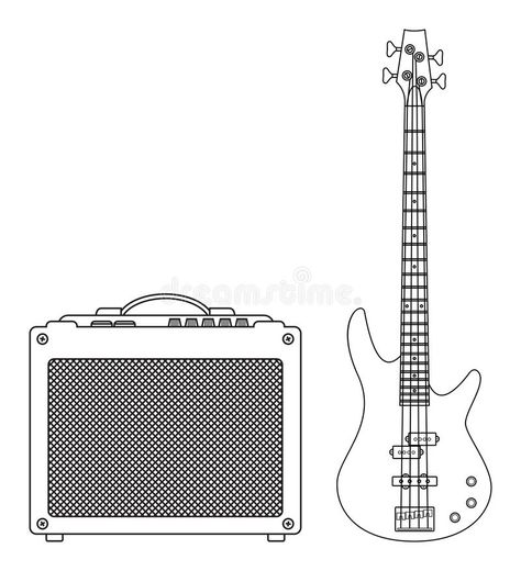 Guitar Amp Tattoo, Bass Outline, Guitar Drawing, Black And White Vector, Electric Bass Guitar, Bass Amps, Car Amplifier, Fashion Sketchbook, White Illustration