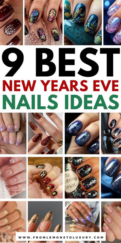 Nail Designs For New Year’s Eve, Christmas New Years Nail Designs, New Years Eve Nail Decals, Nail Designs For The New Year, Cute Short New Years Nails, Acrylic Nail Designs For New Years, New Years Nail Art Ideas, New Year’s Eve Nails Design 2024, New Year Pedicure Designs