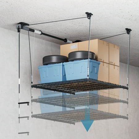 Ceiling Garage Storage, Shed Storage Shelves, Diy Overhead Garage Storage, Hanging Garage Shelves, Garage Storage Plans, Garage Storage Rack, Ceiling Storage Rack, Overhead Storage Rack, Garage Ceiling Storage