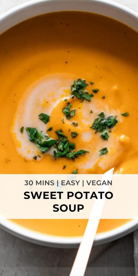 Sweet Potato Soup Recipes Easy, Vegan Roasted Sweet Potato, Sweet Potato Soup Healthy, Yam Soup Recipe, Puree Soup Recipes, Roasted Sweet Potato Soup, Cheap Healthy Lunch, Sweet Potato Soup Vegan, Toasted Baguette