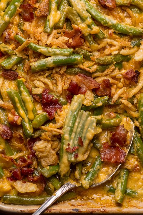 Cheesy Bacon Green Bean Casserole - Baker by Nature Bacon And Veggie Recipes, Deconstructed Green Bean Casserole, Ashley Manila, Beef And Green Bean Casserole, Side Dishes For Fall, Gourmet Green Bean Casserole, Slow Cooker Side Dishes, Cheesy Beans, Green Bean Casserole With Bacon