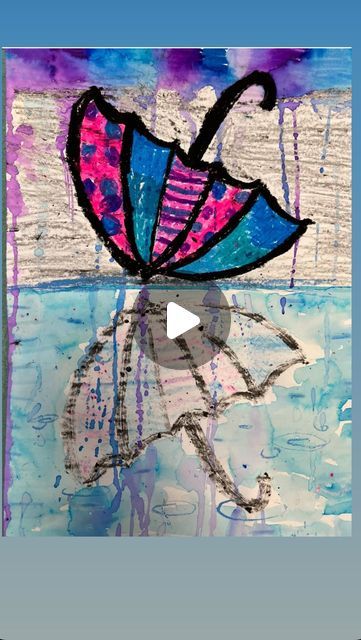 Umbrella Art For Kids, Oil Crayon Art Ideas, Oil Pastel Art For Kids, Umbrella In Rain, Art Docent, Weather Art, Summer Art Projects, Reflection Painting, Reflection Art