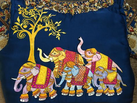 Painting Elephant, Saree Painting, Fabric Painting Techniques, Kalamkari Painting, Kerala Mural Painting, Hand Painted Dress, Dress Painting, Hand Painted Clothing, Blouse Back