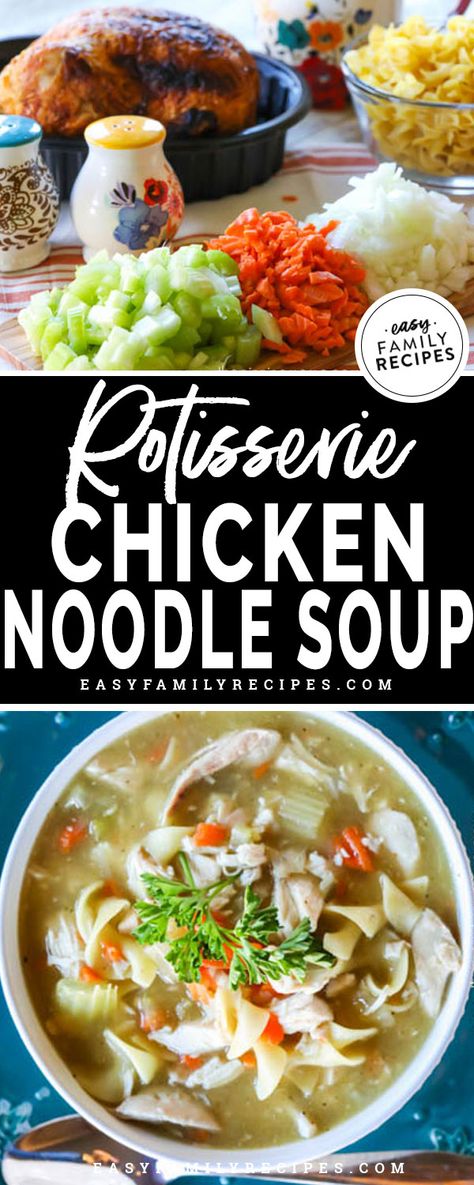 Slow Cooker Rotisserie Chicken Soup, Chicken Soup Recipes With Rotisserie, Rotisserie Chicken Noodle Soup Crockpot, Easy Rotisserie Chicken Soup Recipes, Rotisserie Chicken Noodle Soup Recipes, Chicken Noodle Soup Rotisserie, Omnivore Recipes, Rotisserie Chicken Recipes Healthy, Chicken Noodle Soup Can