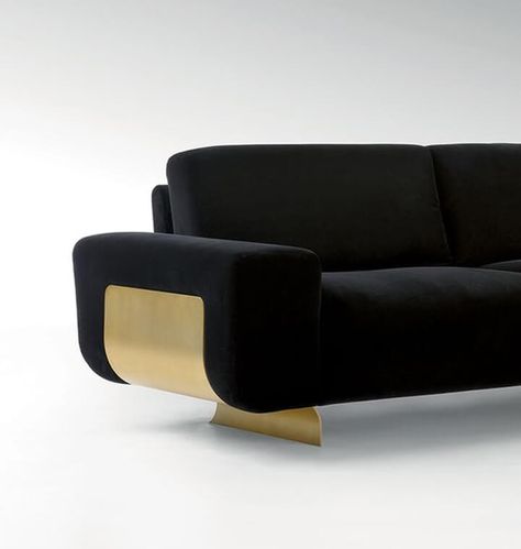 Minimal_Black_Gold_Sofa Speakeasy Decor, Statement Sofa, Luxury Furniture Sofa, Gold Sofa, Funky Chairs, Velvet Lounge Chair, Gold Rooms, Living Room Sofa Design, Emily Henderson