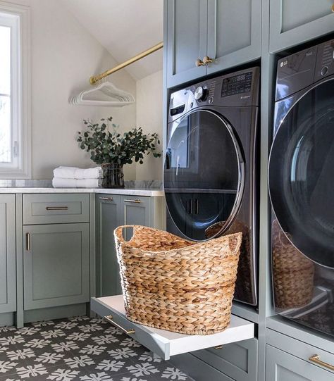 Melissa Manzardo Hryszko (@verandaestatehomes) • Instagram photos and videos Mudroom And Laundry Room Combo, Airy Laundry Room, Laundry Room Combo, Stackable Laundry, Basket Holder, Pantry Laundry, Stylish Laundry Room, Stackable Washer And Dryer, Laundry Cabinets