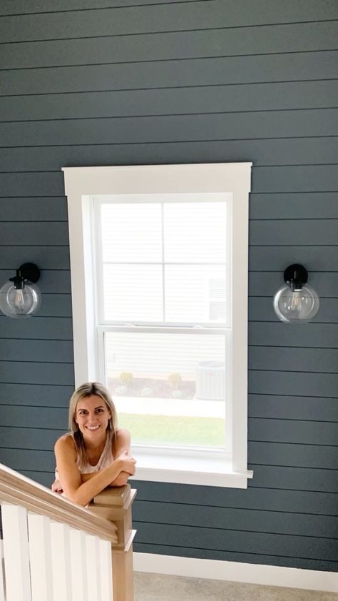 Shiplap Wall Around Window, Shiplap Wall With Windows, Shiplap Around Windows, Easy Shiplap, Stairwell Accent Wall, Stairs Remodel, Farm Dream, Farmhouse Stairs, Stairwell Wall