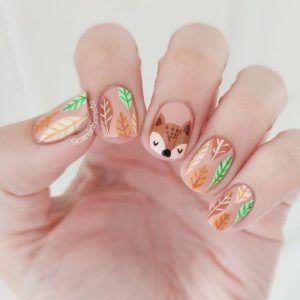 October Fingernails, Fall Animal Nails, Squirrel Nail Art, Woodland Nails Designs, Fall Fox Nails, Toadstool Nails, Squirrel Nails, Fox Nails Designs, Woodland Nails