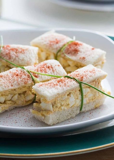 Egg salad gets a makeover and a little kick with the help of apple cider vinegar, Worcestershire sauce, and paprika. Get the recipe. Small Sandwiches, Finger Sandwich, Deviled Egg Salad, High Tea Food, Salad Fingers, Tea Party Sandwiches, Tea Sandwiches Recipes, Afternoon Tea Recipes, Party Sandwiches