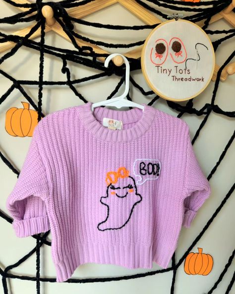 Dress your little love in our Spooky Cute Boo sweater! 👻 Link in bio for 10% off during Online Market week ✨️ Embroidery Keepsakes, Halloween Sweaters, Baby Jumpers, Boo Design, Embroidered Halloween, Personalized Sweater, Halloween Sweater, Fall Sweater, Baby Sweaters