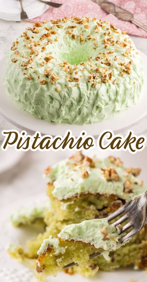 This easy retro cake mix recipe uses pistachio pudding in the cake AND in the frosting for tons of pistachio flavor and a super moist cake. Also called Watergate Cake, it's perfect for Easter, St. Patrick's Day and Christmas! Cakes With No Icing, Pistachio Sheet Cake, Green Desserts Easy, Pudding Mix Cake, Sheet Cake Bars, Green Deserts, Green Cake Ideas, White Cake Mix Recipes, Green Food Ideas