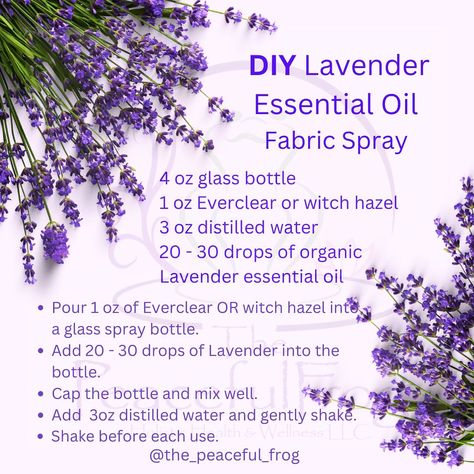 This week’s DIY recipe is for a fabric/room spray using only 3 ingredients. Spray on blankets, pillows, cushions, or anywhere in the room. Relieve stress and disinfectant at the same time!! #lavenderessentialoil #lavenderroomspray #essentialoilsdiy #essentialoils #aromatherapy #aromatherapist #holistichealth #holistichealing #thepeacefulfrog Lavender Linen Spray Diy, Fabric Spray Essential Oils, Fabric Spray Diy, Diy Fabric Refresher Spray, Diy Pillow Spray, Diy Essential Oil Room Spray, Diy Room Spray Essential Oils, Homemade Room Spray, Essential Oil Room Spray