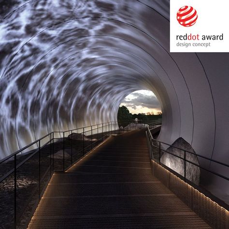 Inspired by the moon’s symbolism, the design team located the precise position and orientation of the tunnel above the valley to slice the tunnel and the entrance to the tunnel in a manner that simulates the earth-moon projection relationship.................... #RedDotAward #RedDotWInner #DesignConcept #Architecture #designedby #QuHuiYing #RanXu Tunnel Installation Art, Tunnel Design Architecture, Tunnel Entrance Design, Tunnel Installation, Tunnel Architecture, Mirror Tunnel, Vortex Tunnel, Tunnel Lighting, Water Tunnel