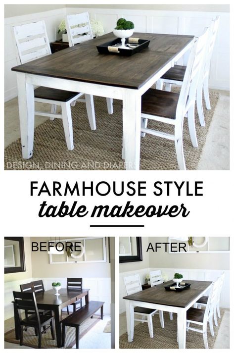 Learn how to easily transform your table into a farmhouse style table with chalk paint and stain! Farmhouse Table Makeover, Diy Table Makeover, Refurbished Table, Dining Table Makeover, Diy Kitchen Table, Kitchen Table Makeover, Farmhouse Style Table, Farmhouse Kitchen Tables, Makeover Before And After