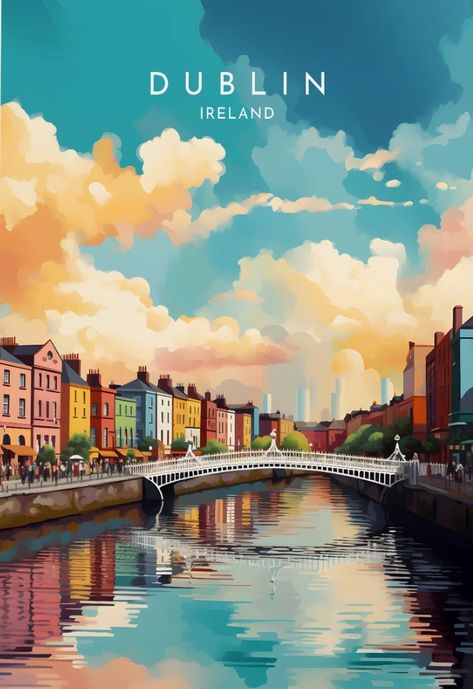 Dublin Illustration, Dublin Poster, Dublin Landmarks, Bathroom Restaurant, Ireland Travel Poster, Scotland Poster Vintage, Ireland Art, Vintage Travel Posters Scotland, Uk Landscapes