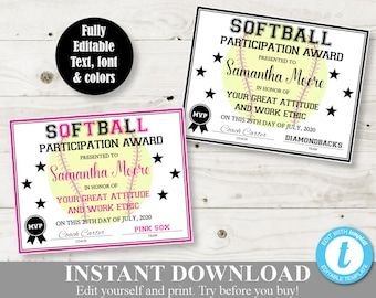 Softball Award Template | Etsy Softball Awards End Of Season, Sports Printables, Softball Awards, Participation Award, Certificate Award, Gratis Printables, Award Template, Printable Certificates, Sports Awards