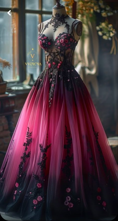 Black And Pink Wedding Dress, Black Fairytale Dress, Black And Pink Gown, Fantasy Ball, Black Wedding Gowns, Dreamy Gowns, Purple Wedding Dress, Fantasy Outfits, Dresses Unique