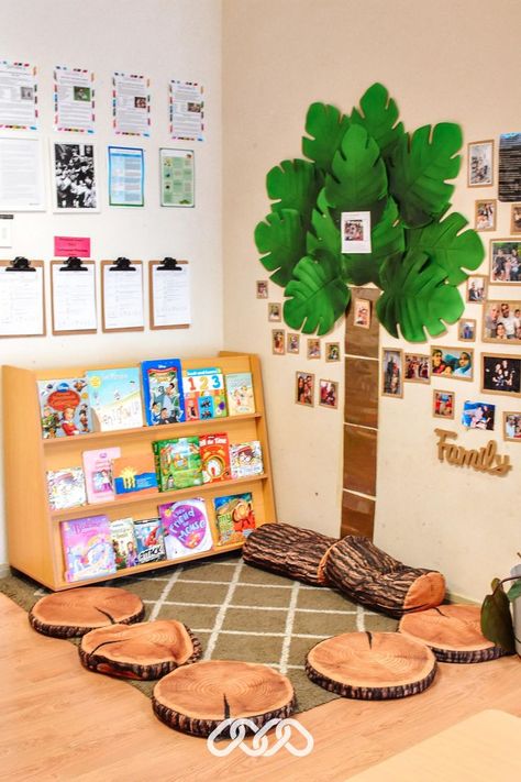 Reading corner with wooden log-look cushions and family tree photo wall Nursery Reading Corner, Preschool Room Layout, Toddler Daycare Rooms, Montessori Preschool Classroom, Home Daycare Rooms, Infant Room Ideas, Montessori Daycare, Daycare Room Ideas, Rocking Bed