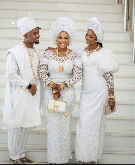 Yoruba traditional Attires White Lace Styles In Nigeria, Cord Lace Gown Styles Aso Ebi, White Lace Gown Styles Nigerian, White Lace Styles, Lace Styles For Ladies, Lace Dress Styles Nigerian, White Lace Outfit, Lace Skirt And Blouse, Aso Ebi Lace Styles