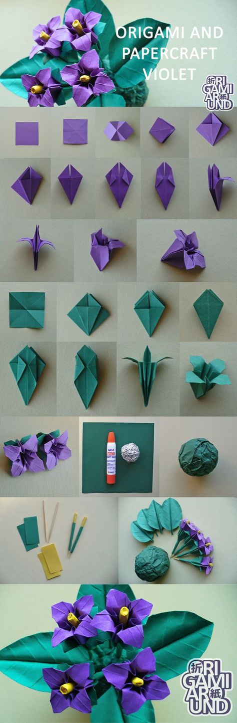 Origami and papercraft violet. My older post about how I make leaves (I’m planning to make a more detailed version someday). Made this yellow one almost the same way. Origami Violet Flower, Origami Violet, Origami And Kirigami, Origami Patterns, Fleurs Diy, Folding Origami, Instruções Origami, Origami Paper Art, Violet Flowers