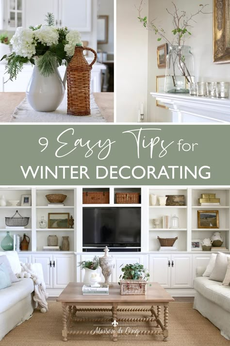 Easy winter decorating ideas that will help make your home cozy again!--->#maisondecinq winterdecor winterdecorating decoratingafterchristmas frenchcountry countryfrench frenchfarmhouse interiordecoratingideas homedecor decorideas neutralhomedecor Cozy Winter Room, Diy Winter Decorations, Simple Winter Decor, French Country Christmas Decor, Christmas Decor Simple, Winter Decor Diy, Diy Winter Decor, Winter Light Festival, Winter Mantle