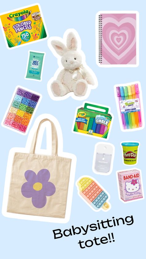 #babysitting #tote #preppy Babysitting Activities For Boys, Babysitting Bag, Babysitting Activities, Activities For Boys, Bubble Wands, Play Doh, Dog Sitting, Colored Pencils, Bright Colors