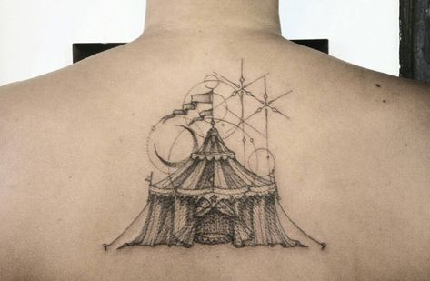 The Night Circus Tattoo Ideas, The Night Circus Tattoo, Night Circus Tattoo, Circus Tent Tattoo, Circus Tattoo Ideas, Tent Tattoo, Circus Tattoos, Circus Drawing, Carnival Tattoo